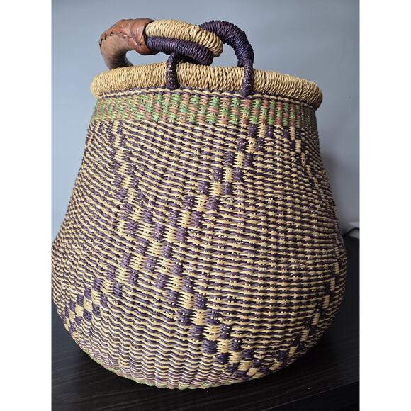 African Traditional Bolga Basket Large 13" Tall & 11" Wide Top 15" At Largest - Picture 2 of 6